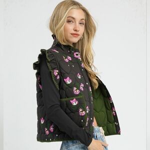 Umgee Heart Quilted Snap Retro Floral Sleeveless Ruffle Embroidered Trim Vest